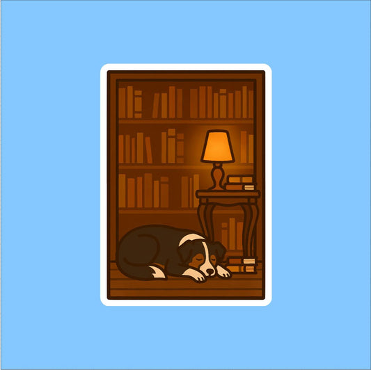 Sleeping Dog by a Cozy Bookcase Sticker